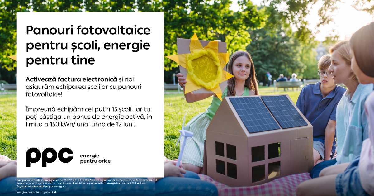 Campanie PPC Energie: Factura electronică poate finanța panouri fotovoltaice pentru școli